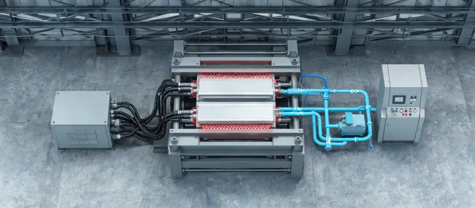 Schematic of a compression molding cell with platens, cooling lines and a control cabinet