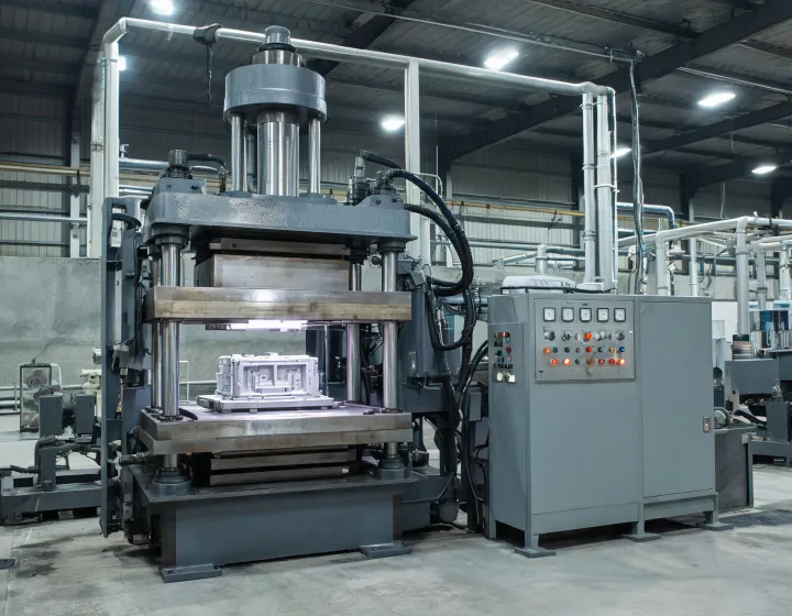 Heated platen compression molding press with mold in the daylight opening